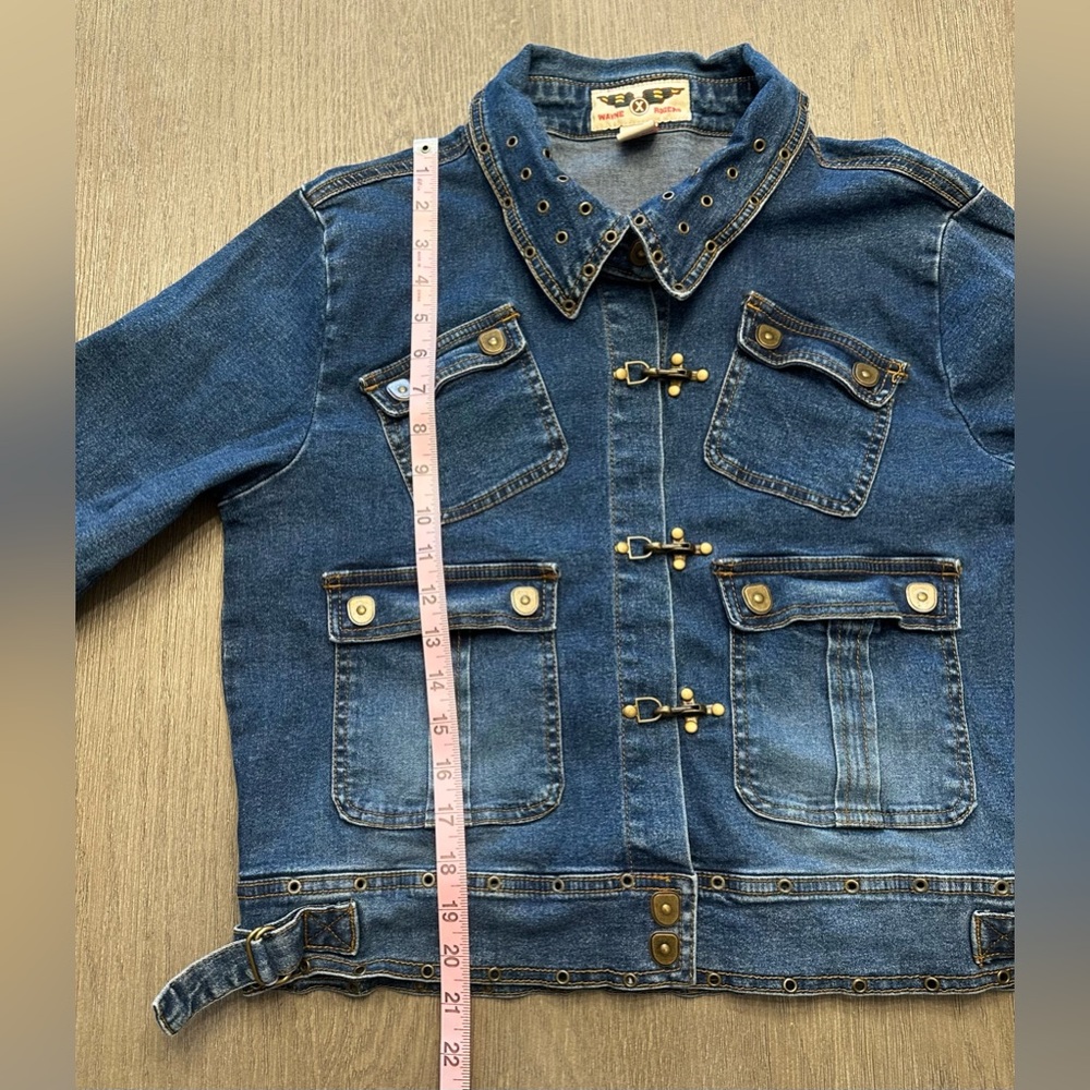 Wayne Rogers Denim Jacket Medium Eagle Back Grommet Toggle Moto Western Y2K - Picture 6 of 7